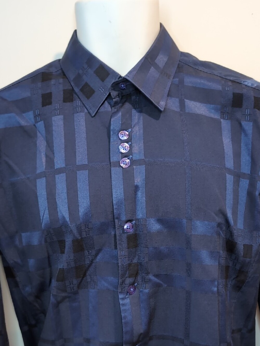 Au Noir Navy Plaid Long-Sleeve Dress Shirt Size 3 Medium